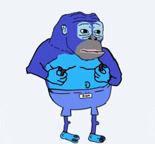 a cartoon drawing of a blue gorilla with the name ron on his pants
