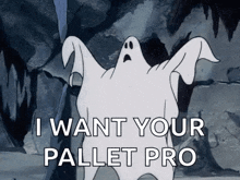 a cartoon ghost is saying `` i want your pallet pro '' while standing in front of a cave .