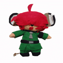 a stuffed animal with red hair and a green outfit has smoke coming out of his mouth