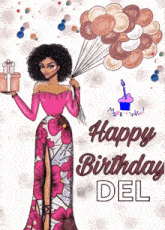 a woman in a pink dress is holding balloons and a gift box ..