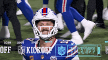 a football player wearing a helmet with the word kickoff on the bottom right