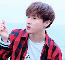 a young man wearing a red and black plaid shirt and a white t-shirt is making a heart with his finger .