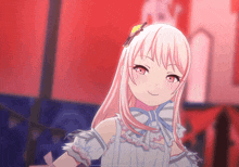 a girl with long pink hair and red eyes is wearing a white dress