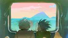 a painting of two anime characters looking out a window at the ocean