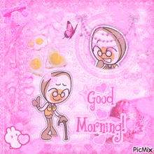 a pink background with a cartoon character and the words " good morning "