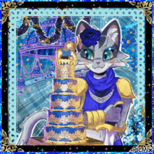 a picture of a cat holding a cake with the word picmix on the bottom right