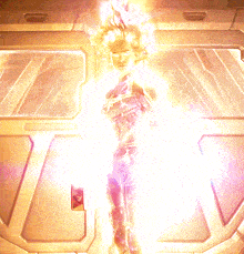 a woman in a superhero costume is standing in front of a door with a light coming out of it