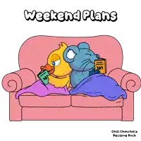 a cartoon of a duck and a mouse sitting on a pink couch reading weekend plans