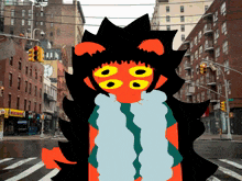 a drawing of a cartoon character standing in a city street with a pizza hut in the background