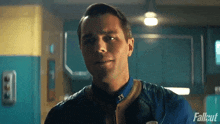a man in a fallout costume is looking at the camera