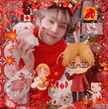 a man in a red scarf holds a stuffed animal in front of a picture of a canadian flag