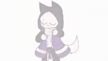 a drawing of a cartoon character wearing a purple dress and a hood .