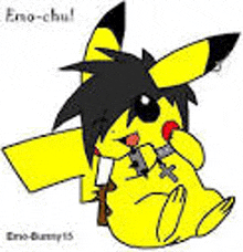 a cartoon of a pikachu with a black haircut holding a knife .