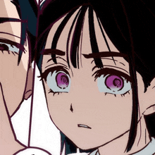 a close up of a girl with purple eyes and a man behind her