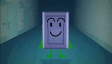 a cartoon character with a smiley face and green legs is standing in a hallway