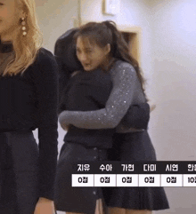 two women hugging each other with numbers 0 and 10 visible in the corner