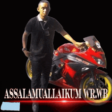 a man is standing next to a red motorcycle that says police on it