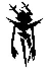 a black and white pixel art drawing of a monster with horns