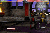 a video game is being played between two characters named lyrax and shinnok