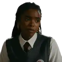 a woman wearing a sweater vest with the letter u on the front