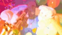 a bunch of stuffed animals are sitting on a table in a colorful background
