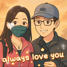 a cartoon of a man and a woman with the words " always love you " on the bottom