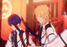 two anime characters standing next to each other with a red lantern in the background