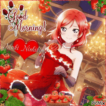a girl in a red dress is surrounded by tomatoes and says good morning maki nishikino