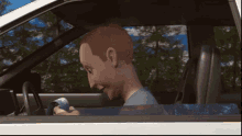 a cartoon character is driving a car and looking out of the window