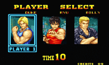 a video game screen shows player 1 duke ryu and billy and says time 10