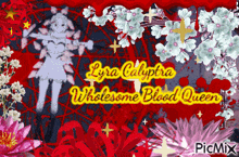 lyra calyptra wholesome blood queen is written in yellow on a red background