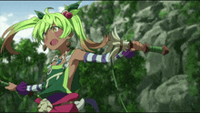 a girl with green hair is holding a spear