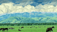 a herd of horses are grazing in a field with mountains in the background