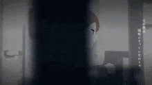 a cartoon character is standing in a dark room with chinese writing on the wall behind her