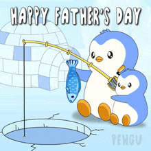 a happy father 's day card with two penguins fishing in a hole