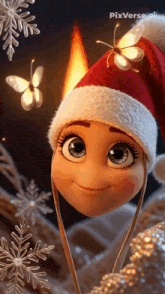 a cartoon girl wearing a santa hat with butterflies flying around her