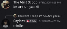 a screenshot of a conversation between saylent zrcn and mintler