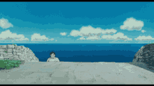 a cartoon drawing of a person looking out over the ocean