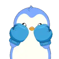 a cartoon character wearing blue boxing gloves is getting a punch