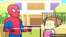 a cartoon of spider-man and a little girl holding a rope .