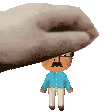 a pixel art of a man with glasses and a mustache being held by a large hand .