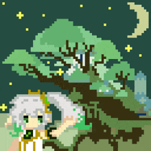 a pixel art of a girl standing in front of a tree with a crescent moon in the background