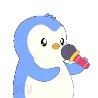 a penguin singing into a microphone with the words nobody cares behind him