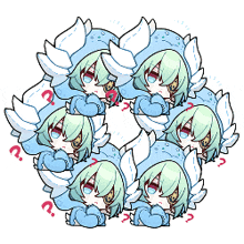 a drawing of a girl with green hair and white wings has a question mark in red