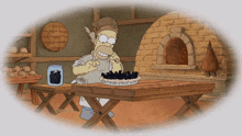 homer simpson sitting at a table with a pie on it