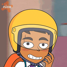 a cartoon character wearing a yellow helmet with the nick logo in the background