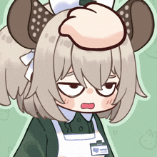 a cartoon drawing of a girl wearing a name tag that says ' a ' on it