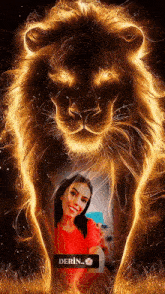 a woman in a red shirt is standing in front of a lion that is glowing
