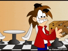a cartoon character in a red jacket is holding a box with a mcdonald 's logo on it .