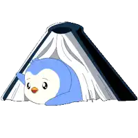 a blue and white penguin is laying in a book